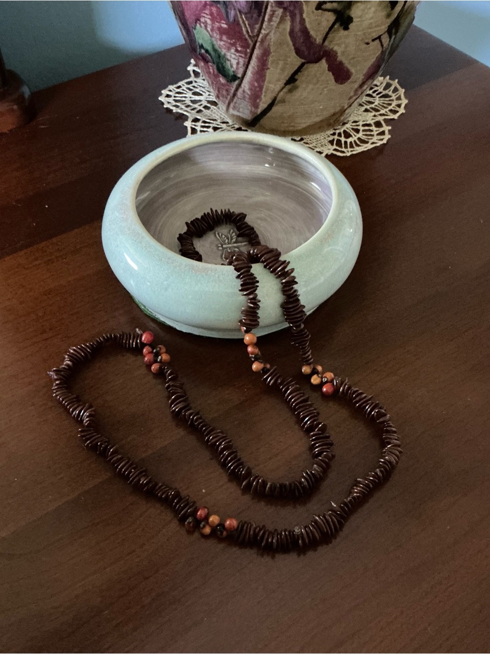 Coconut Shell and Seed Beaded Strand Necklace with Red-Orange Accents